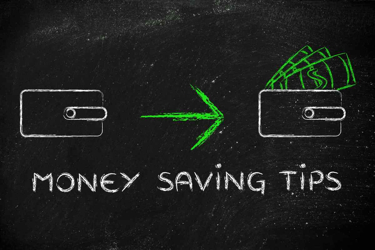 Chalk board showing money saving tips.