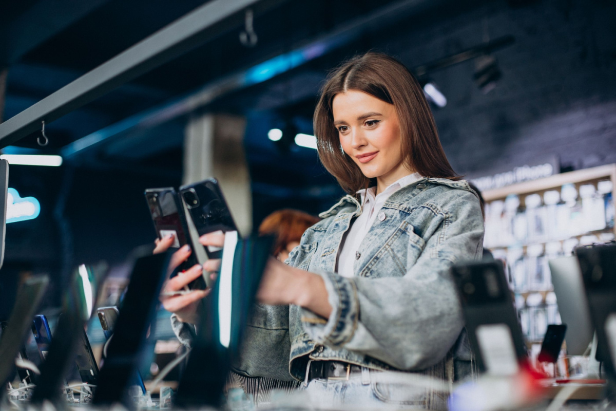Young adult holding two cellphones in retail store