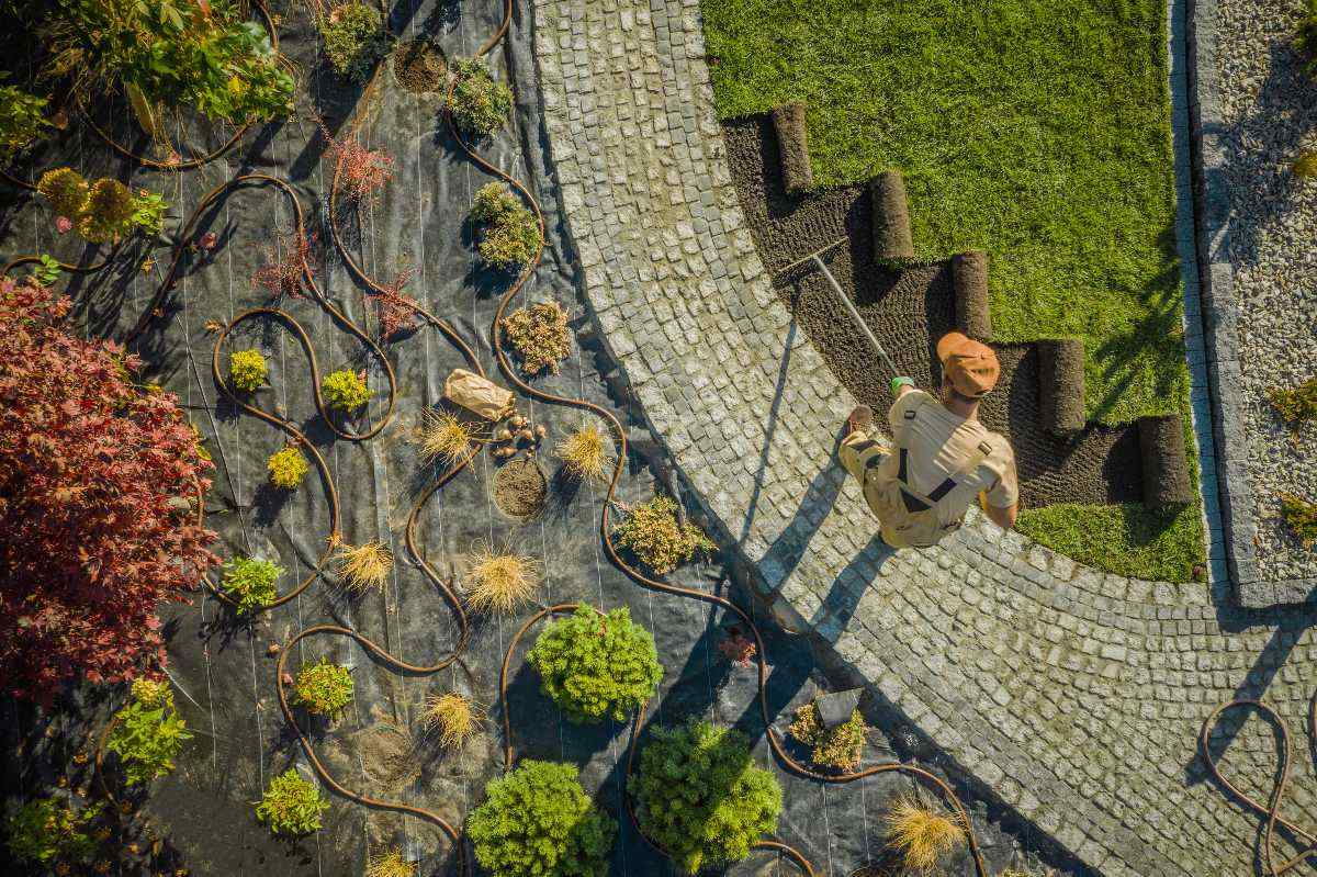 Aerial view of landscaper working 