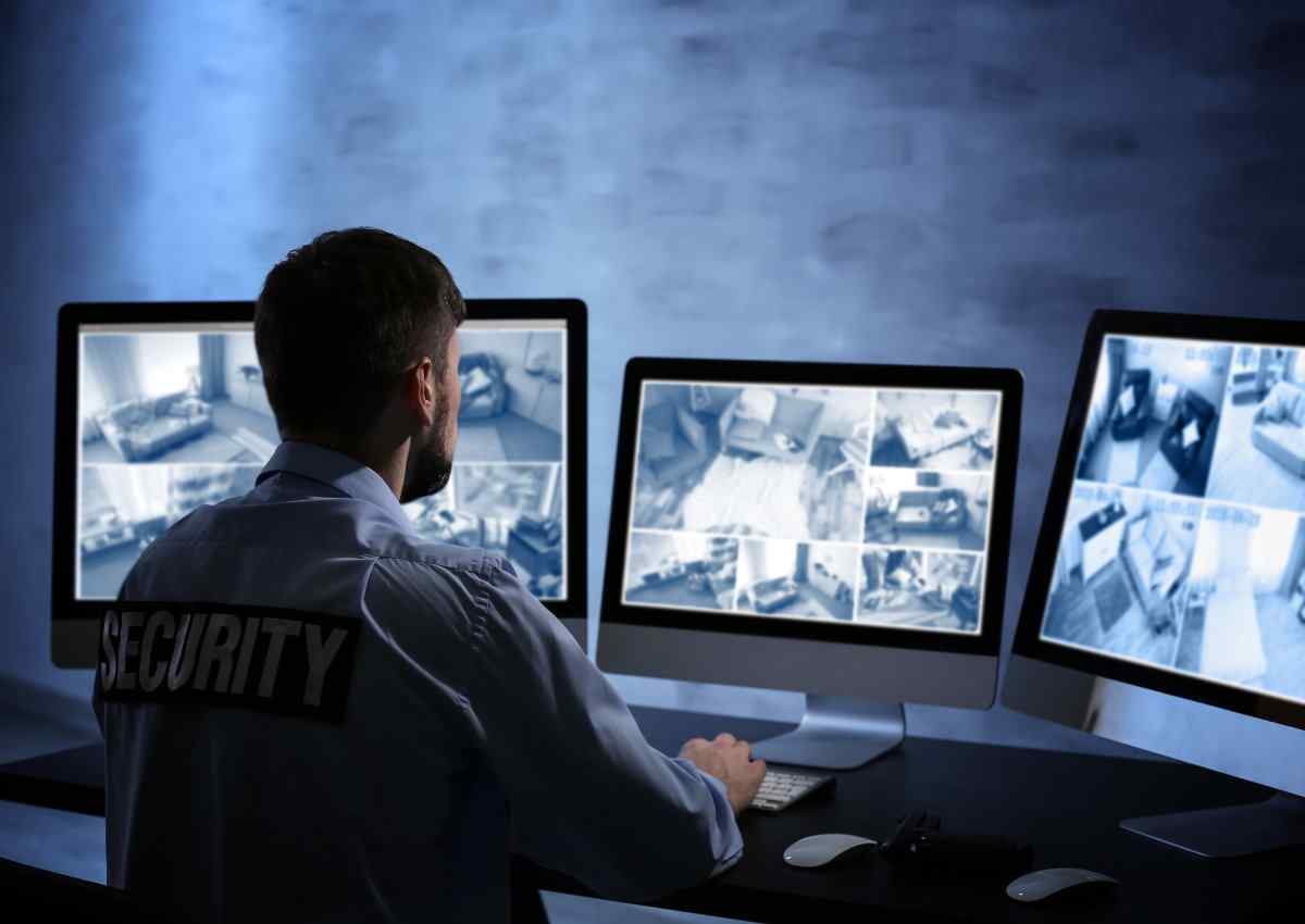 Security guard monitoring cameras.