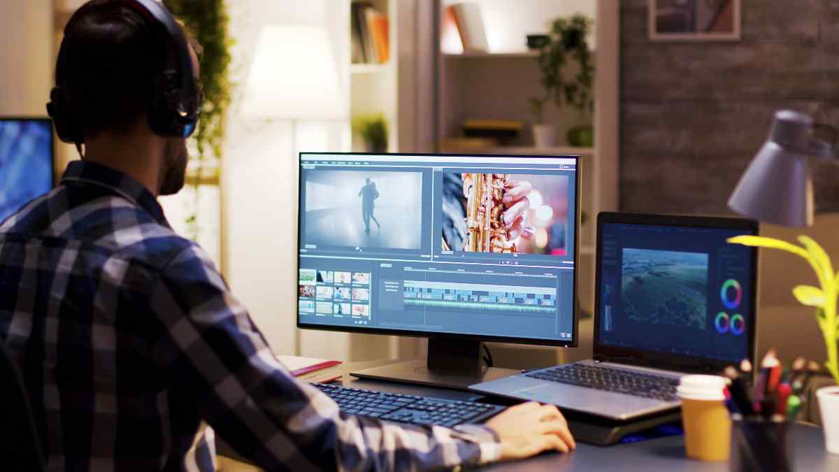 Freelance video editor working from home office 