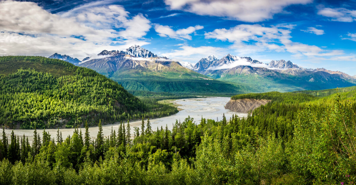 Landscape photo of Alaskan forest, mountain range, and lake.