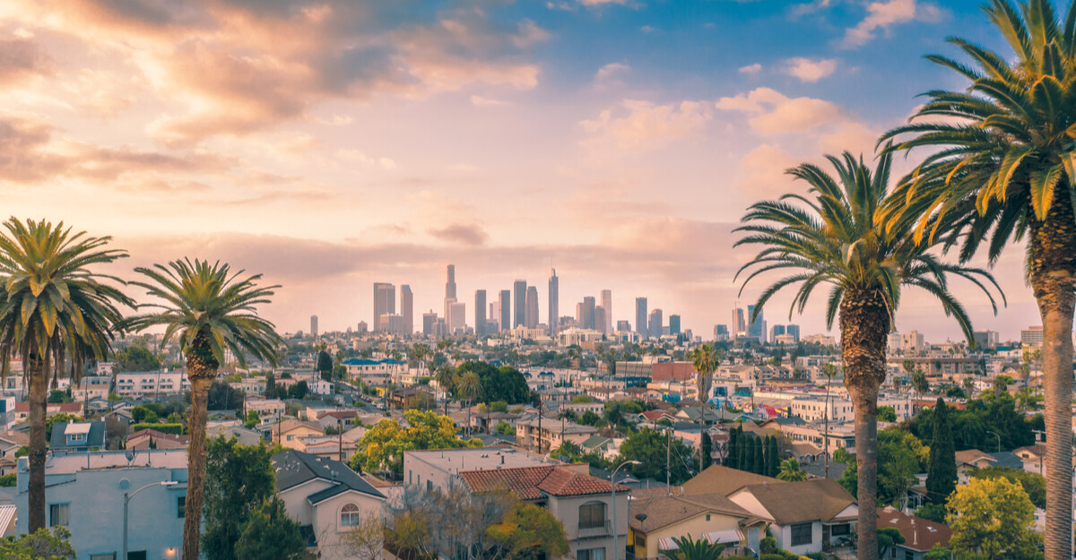 View of buildings and palm trees in downtown Los Angeles, California.