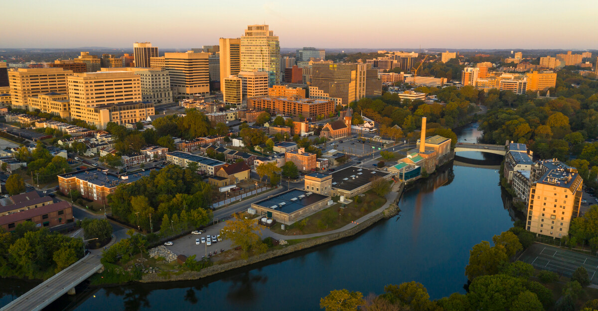 Overhead view of downtown Delaware budlings and lake.