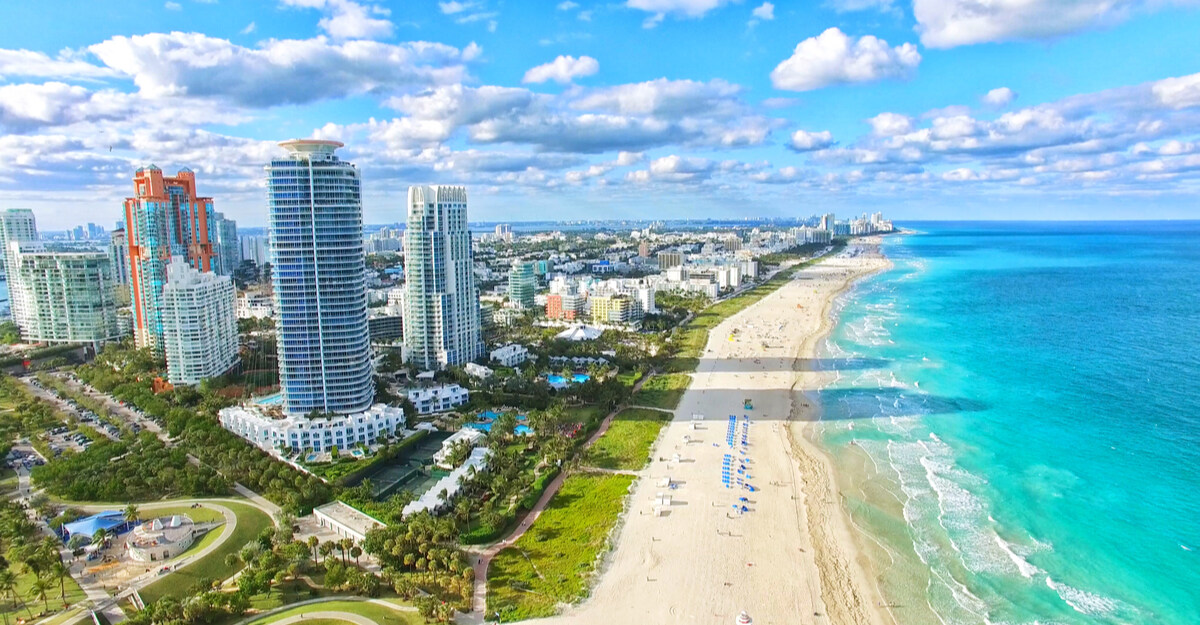 View of Miami Beach and hotel buildings in Florida.