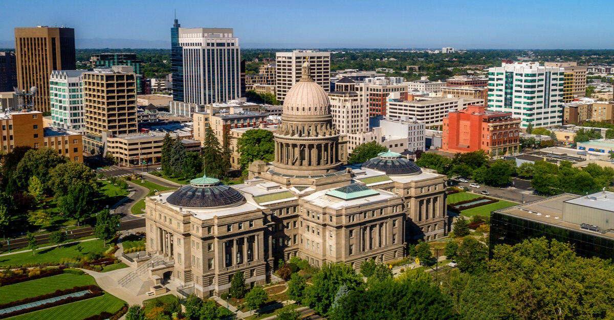 Overhead view of downtown Idaho and Capitol building.