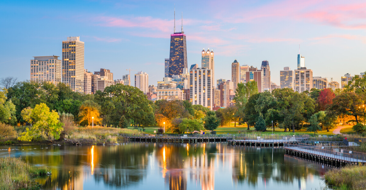 View of Chicago skyline and lake at Lincoln Park.