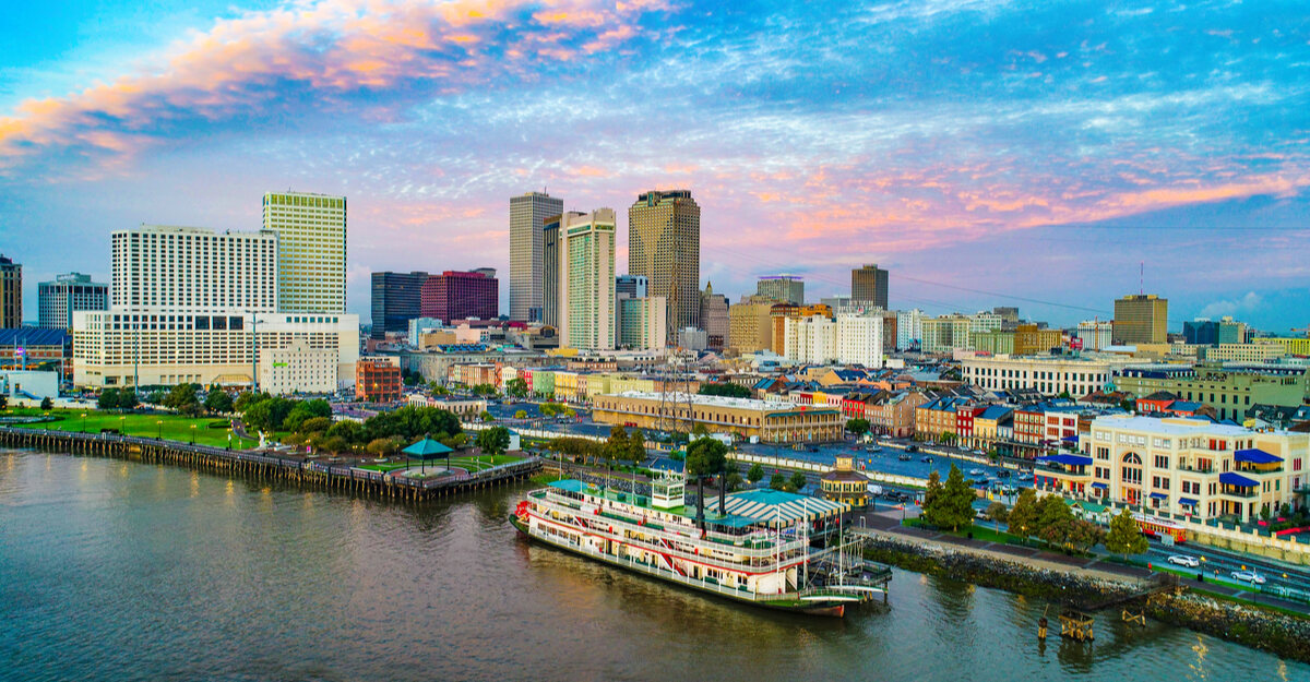 View of river and downtown buildings in New Orleans, Louisiana.