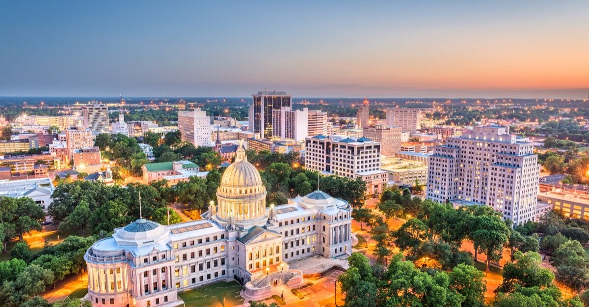 Overhead view of Capitol building in downtown Mississippi.