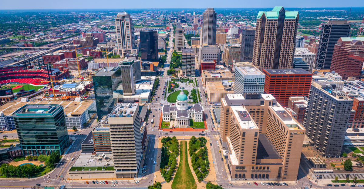 Overhead view of stadium, Capitol, and buildings in downtown Missouri.