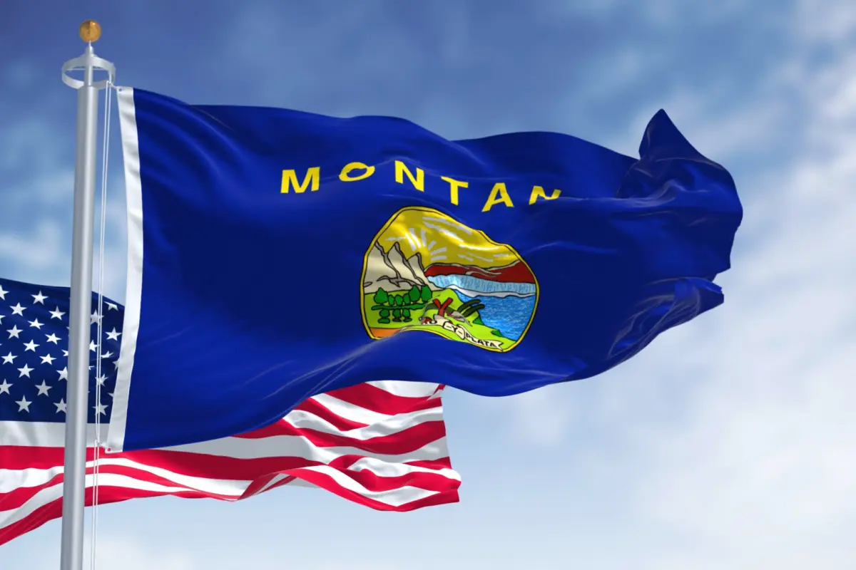 Montana state flag blowing in the wind.