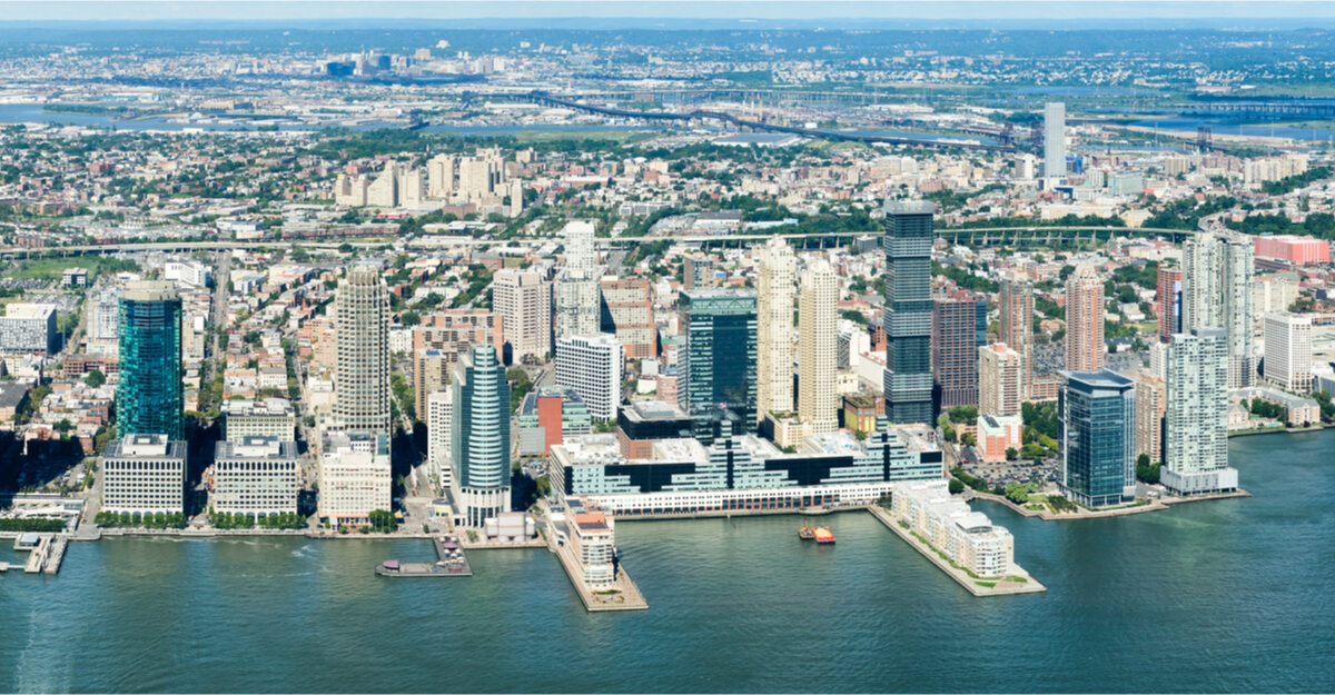 Overhead view of river and buildings on the coast of New Jersey.