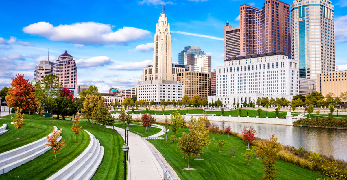 Close up of buildings and river in downtown Ohio.