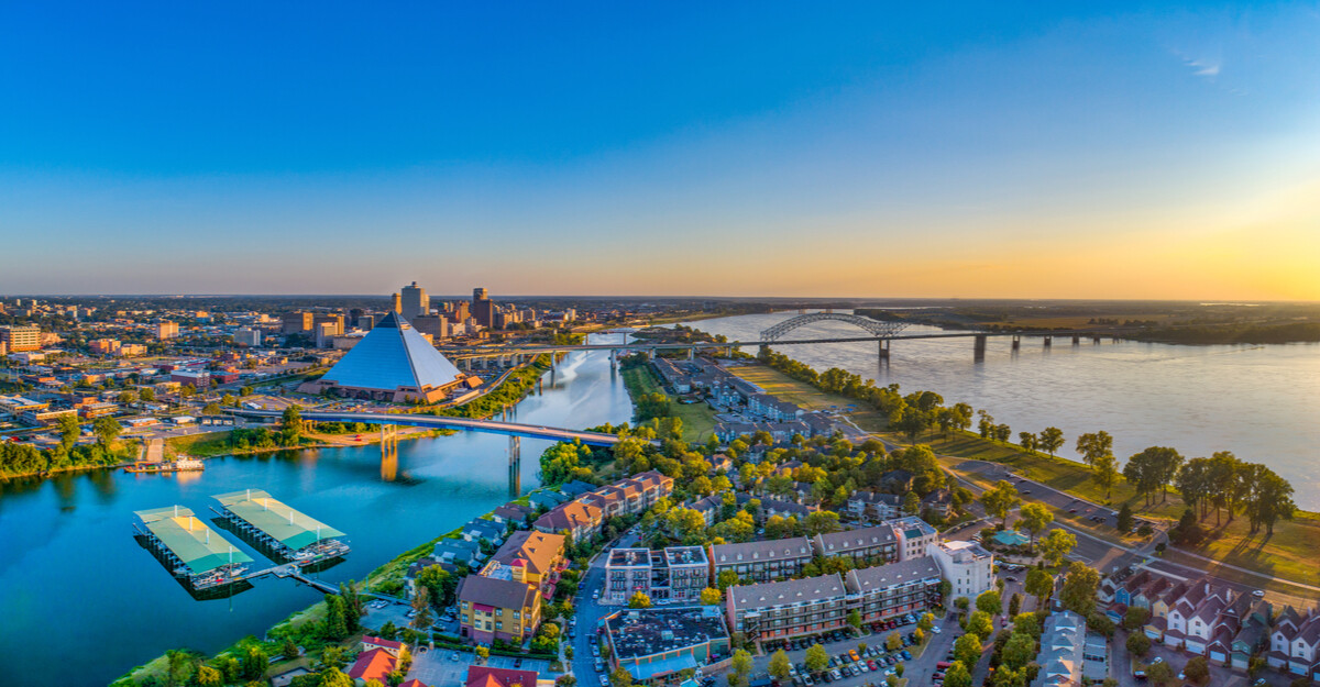 Overhead view of lakes and bridges in downtown Tennessee.