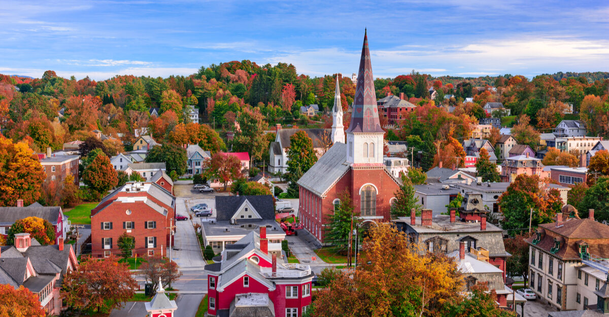 View of forest and small town in Vermont.